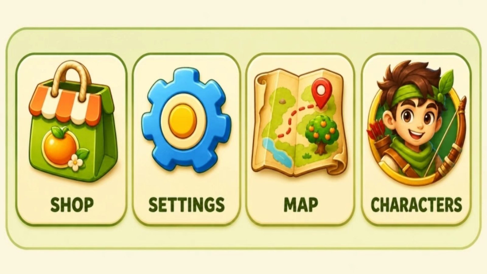 Fruit Dash menu showing shop, settings, map, and characters