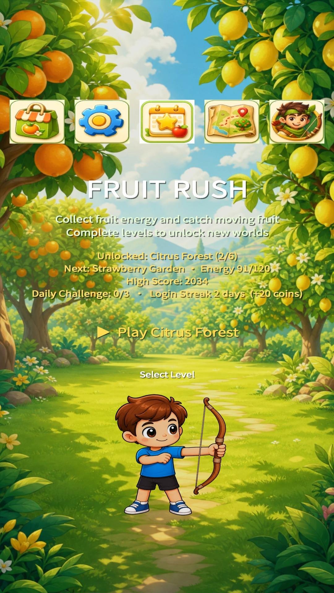 Fruit Dash gameplay showing Citrus Forest, level progress, challenges, and character selection